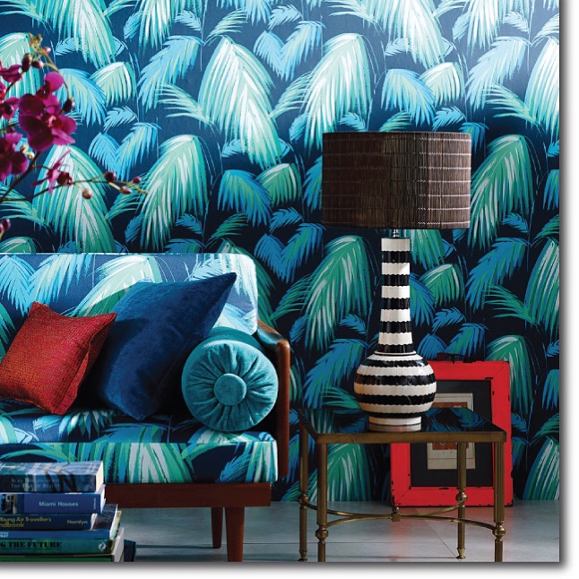 Turquoise Palm Print Wallcovering & Fabric with mid-century sofa